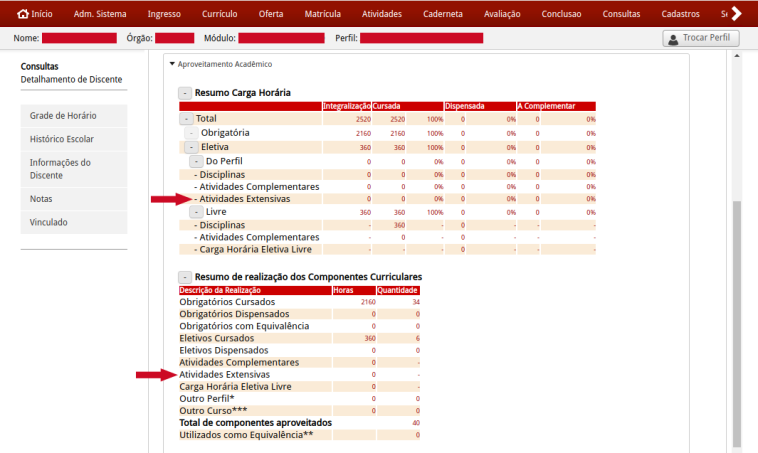 Imagem que ilustra como ficou a tela de Informações do Discente > Aproveitamento acadêmico após as alterações