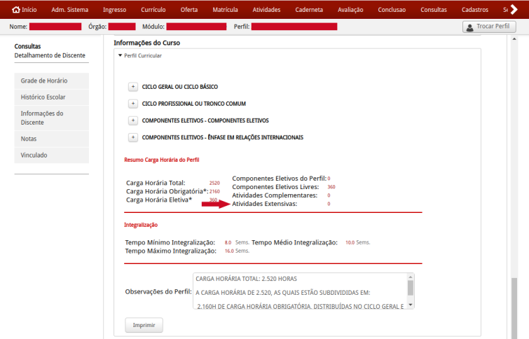 Imagem que ilustra como ficou a tela de Informações do Discente > Perfil Curricular após as alterações
