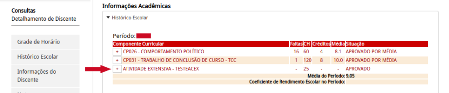 Imagem que ilustra como ficou a tela de Informações do discente > histórico escolar após as alterações