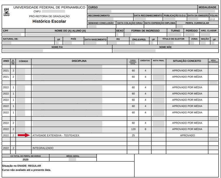 Imagem que ilustra como ficou o relatório de histórico escolar após as alterações